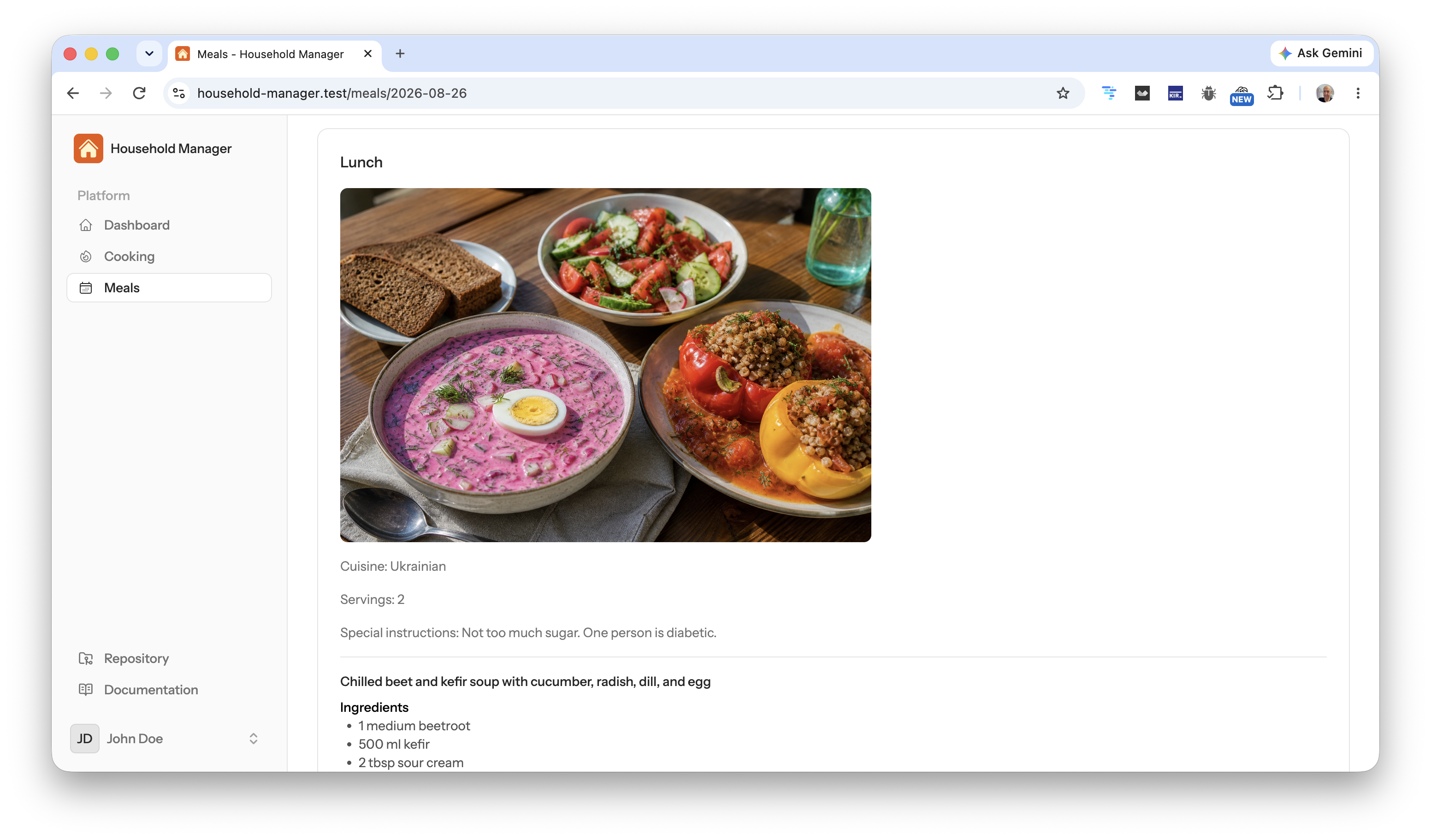 A planned lunch: chilled beet and kefir soup, salad, stuffed peppers. Cuisine Ukrainian, two servings, diabetic note.