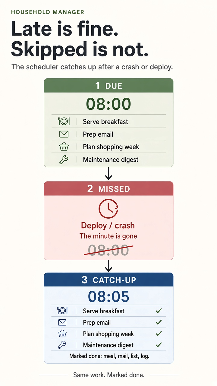 Catch-up: the jobs run late instead of disappearing.