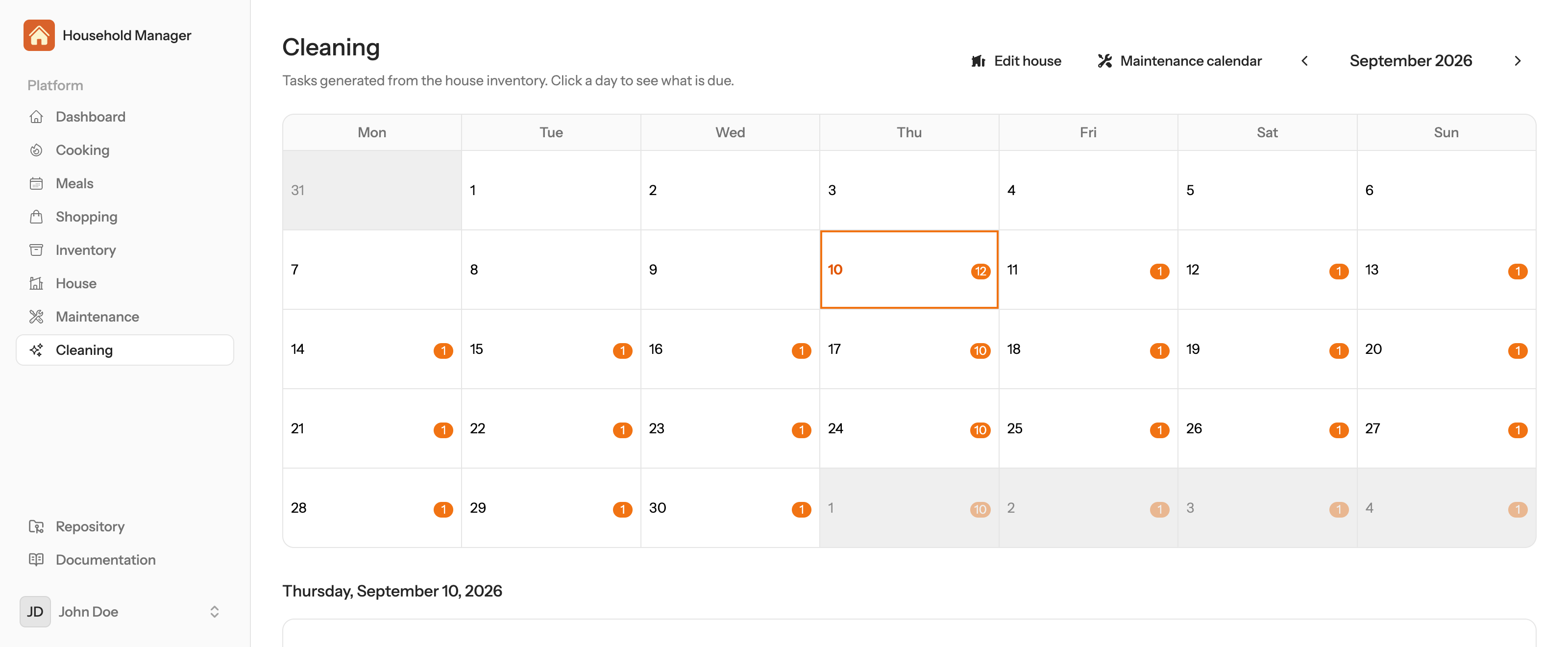 House cleaning schedule with counters daily, mop weekly, vacuum weekly.