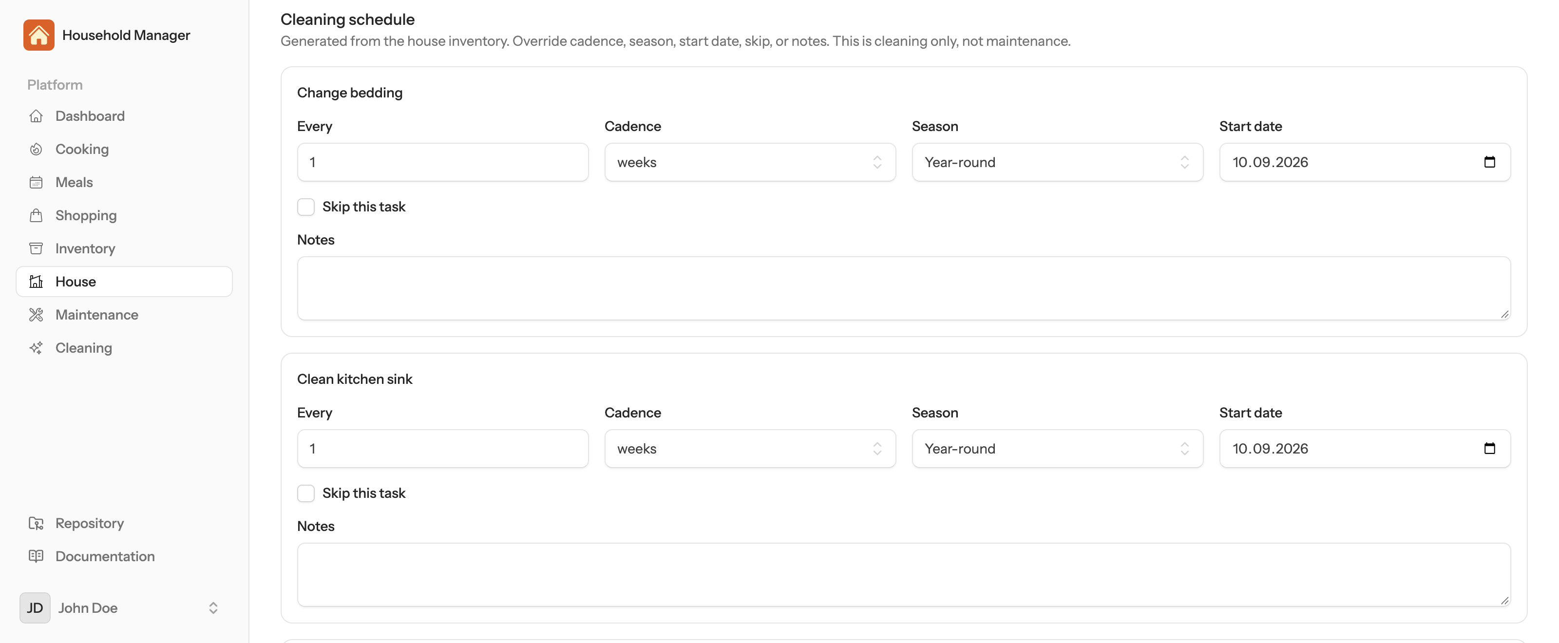Cleaning schedule generated from the house: change bedding weekly, clean kitchen sink weekly.