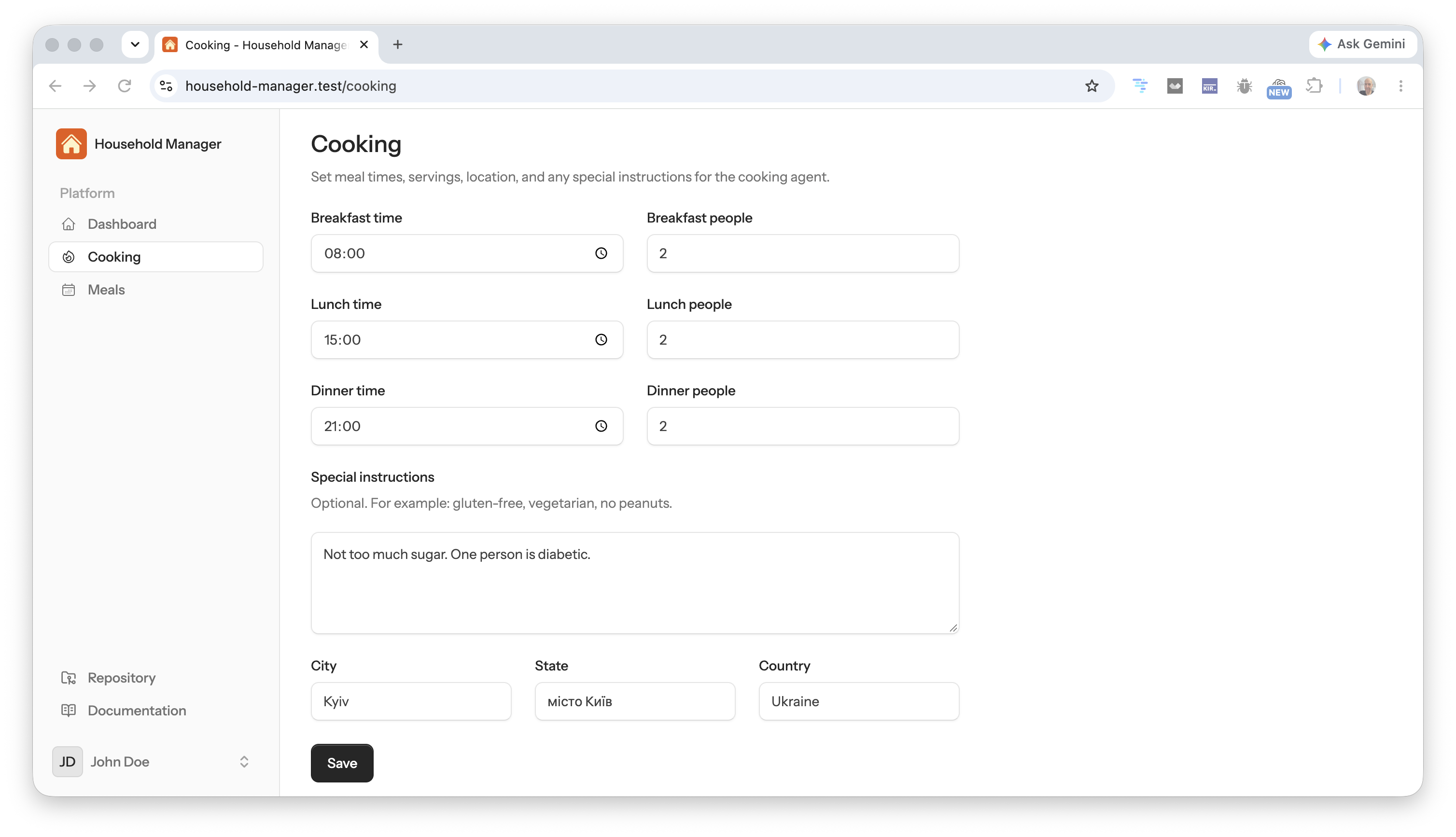 Cooking settings and the meals calendar.