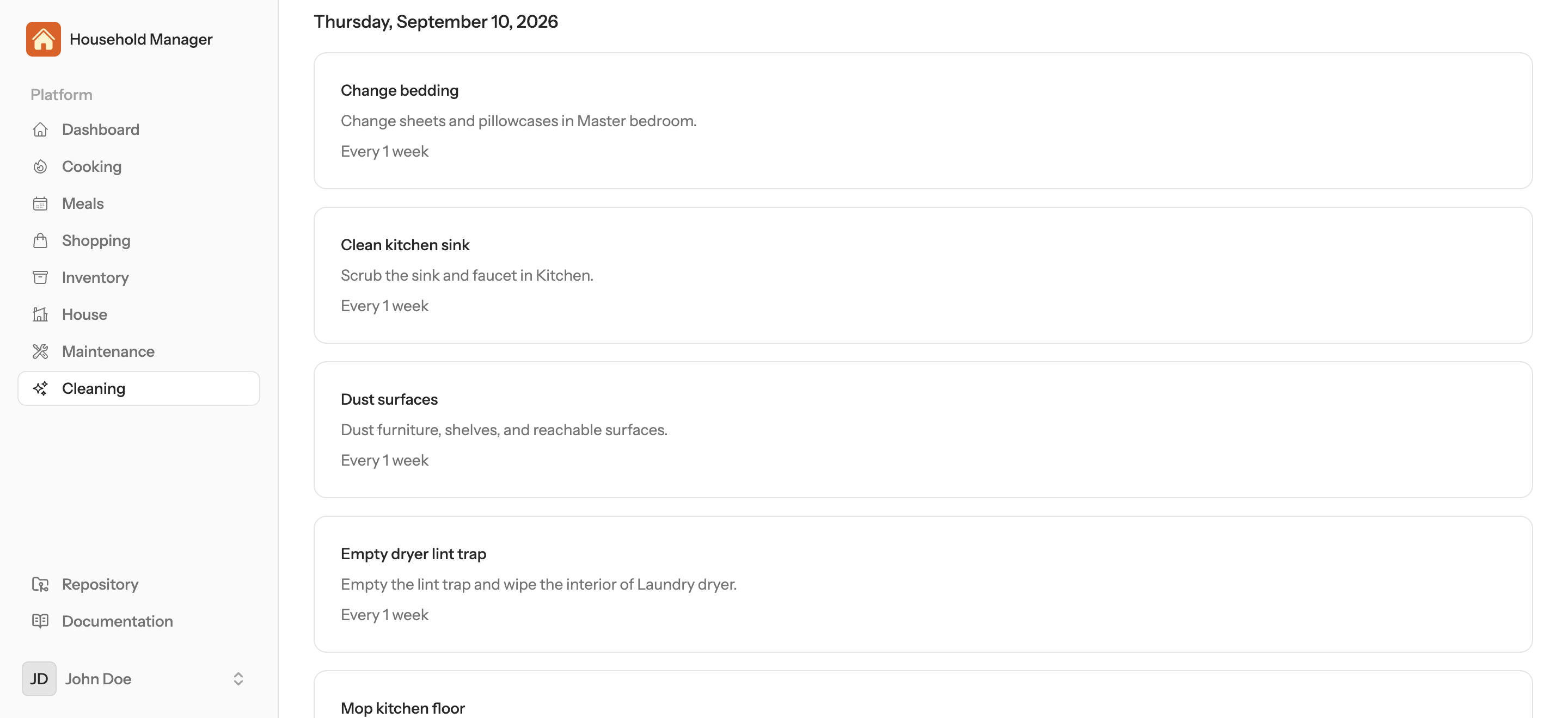September cleaning calendar with a day selected and that day’s chores listed.