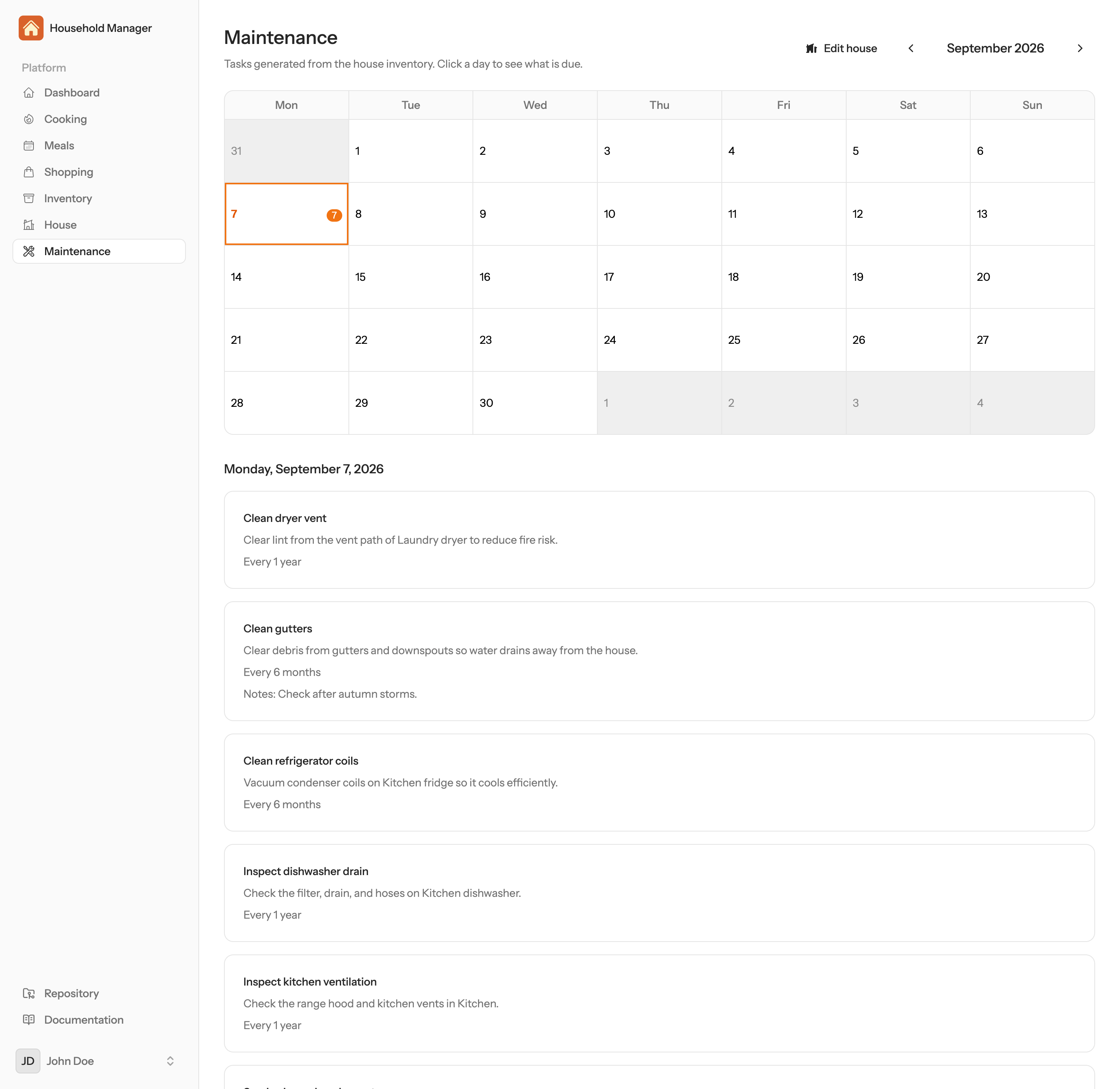 September calendar with the 7th selected and that day’s tasks listed.