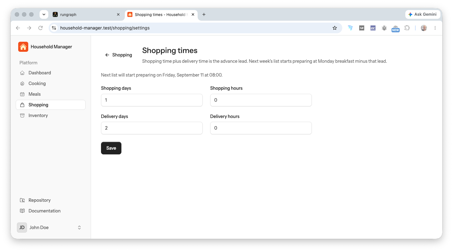 Shopping times: 1 shopping day, 2 delivery days, next list Friday 11 September at 08:00.