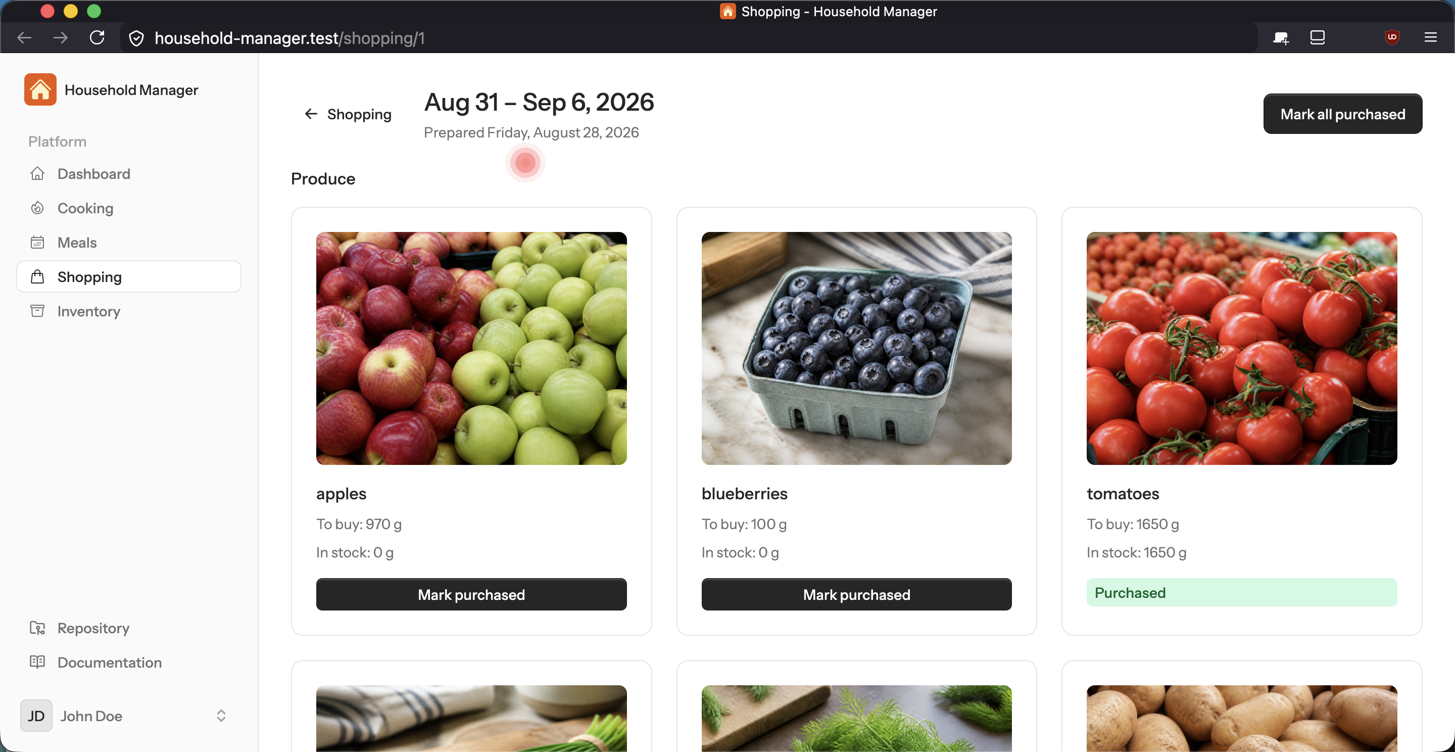 This week’s list, 31 August–6 September 2026. Apples and blueberries still to buy. Tomatoes already in stock.